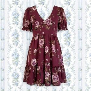 Trixxi Women's Large Floral maroon red vneck ruffle tiered babydoll dress